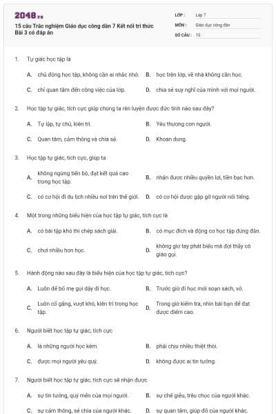 15 câu Trắc nghiệm Giáo dục công dân 7 Kết nối tri thức Bài 3 có đáp án