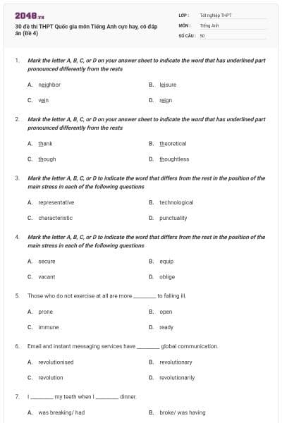 30 đề thi THPT Quốc gia môn Tiếng Anh cực hay, có đáp án (Đề 4)