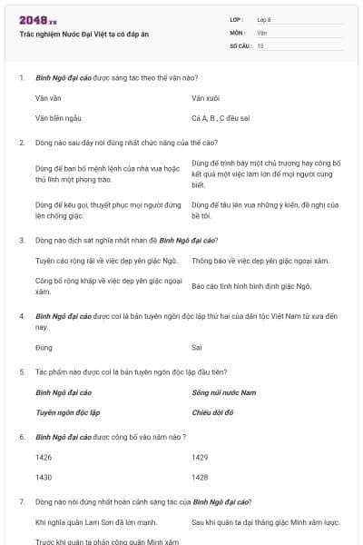 Trắc nghiệm Nước Đại Việt ta có đáp án