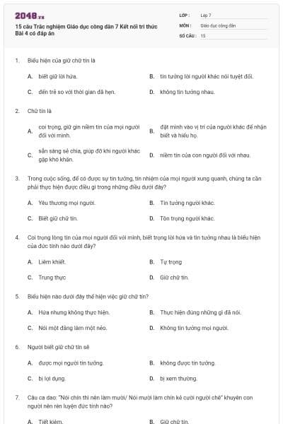 15 câu Trắc nghiệm Giáo dục công dân 7 Kết nối tri thức Bài 4 có đáp án