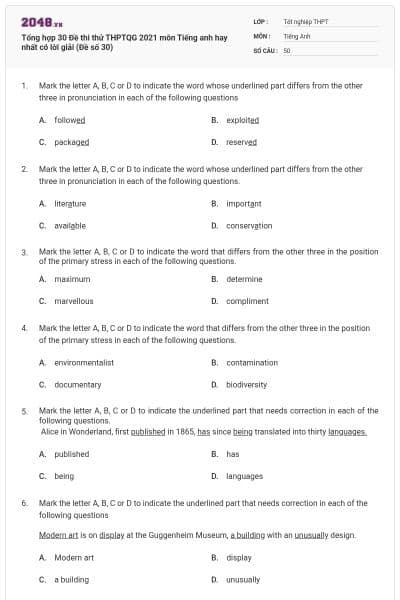 Tổng hợp 30 Đề thi thử THPTQG 2021 môn Tiếng anh hay nhất có lời giải (Đề số 30)