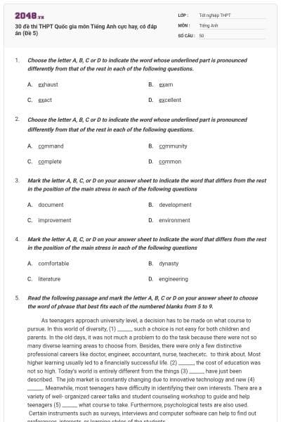 30 đề thi THPT Quốc gia môn Tiếng Anh cực hay, có đáp án (Đề 5)