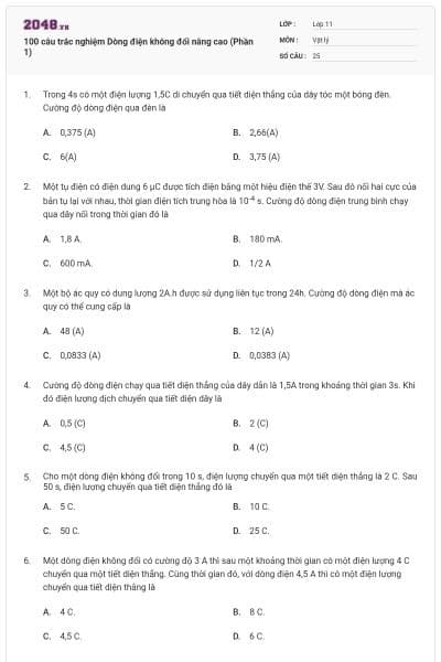 100 câu trắc nghiệm Dòng điện không đổi nâng cao (Phần 1)
