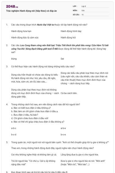 Trắc nghiệm Hành động nói (tiếp theo) có đáp án