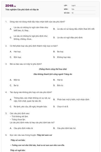 Trắc nghiệm Câu phủ định có đáp án