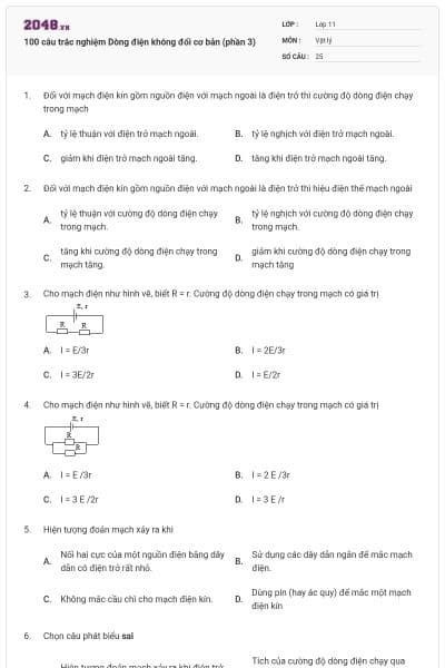 100 câu trắc nghiệm Dòng điện không đổi cơ bản (phần 3)