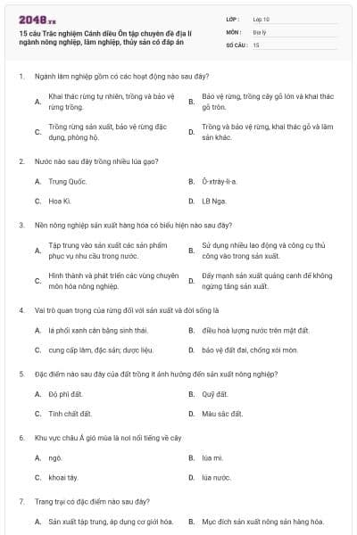 15 câu Trắc nghiệm Cánh diều Ôn tập chuyên đề địa lí ngành nông nghiệp, lâm nghiệp, thủy sản có đáp án