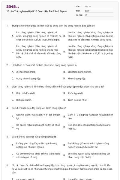 15 câu Trắc nghiệm Địa lí 10 Cánh diều Bài 25 có đáp án