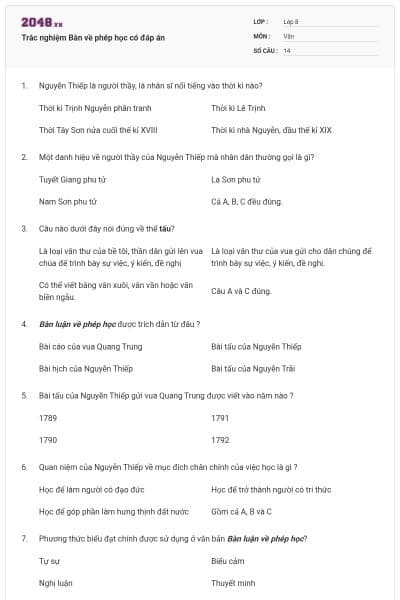 Trắc nghiệm Bàn về phép học có đáp án