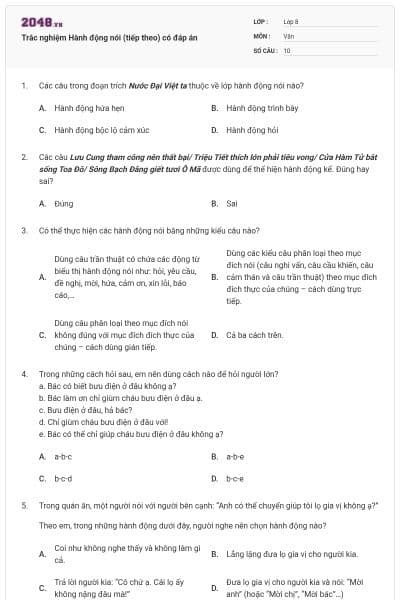 Trắc nghiệm Hành động nói (tiếp theo) có đáp án