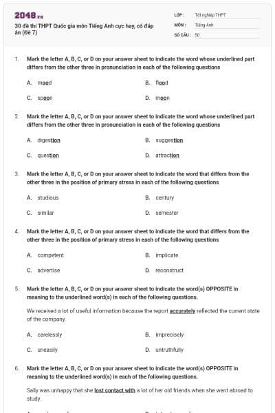 30 đề thi THPT Quốc gia môn Tiếng Anh cực hay, có đáp án (Đề 7)