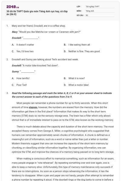 30 đề thi THPT Quốc gia môn Tiếng Anh cực hay, có đáp án (Đề 8)