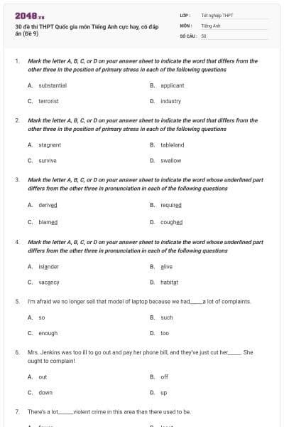 30 đề thi THPT Quốc gia môn Tiếng Anh cực hay, có đáp án (Đề 9)