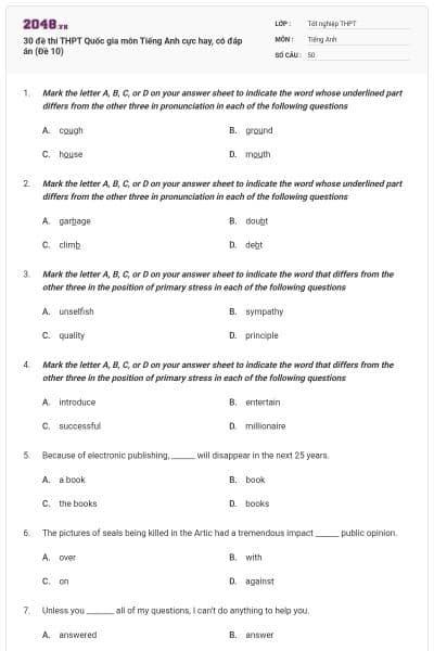 30 đề thi THPT Quốc gia môn Tiếng Anh cực hay, có đáp án (Đề 10)