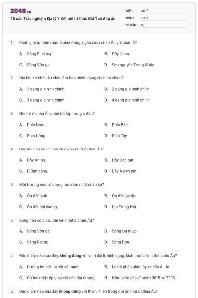 15 câu Trắc nghiệm Địa lý 7 Kết nối tri thức Bài 1 có đáp án