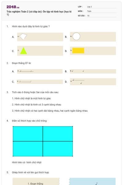 Trắc nghiệm Toán 2 (có đáp án): Ôn tập về hình học (học kì 1)