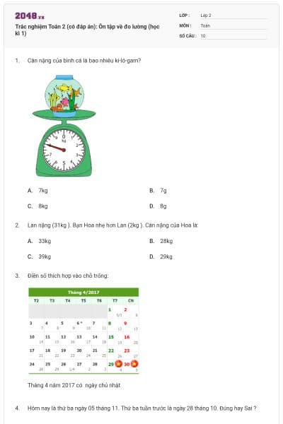 Trắc nghiệm Toán 2 (có đáp án): Ôn tập về đo lường (học kì 1)