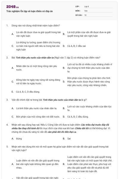 Trắc nghiệm Ôn tập về luận điểm có đáp án