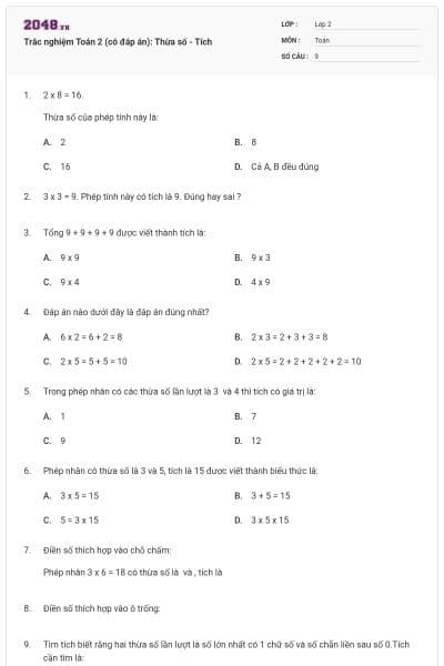 Trắc nghiệm Toán 2 (có đáp án): Thừa số - Tích