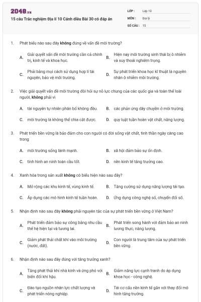 15 câu Trắc nghiệm Địa lí 10 Cánh diều Bài 30 có đáp án