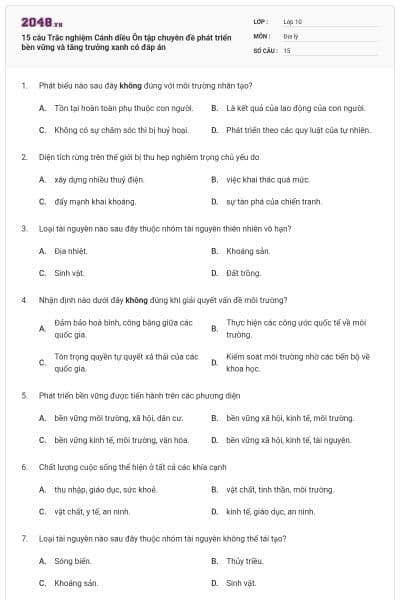 15 câu Trắc nghiệm Cánh diều Ôn tập chuyên đề phát triển bền vững và tăng trưởng xanh có đáp án