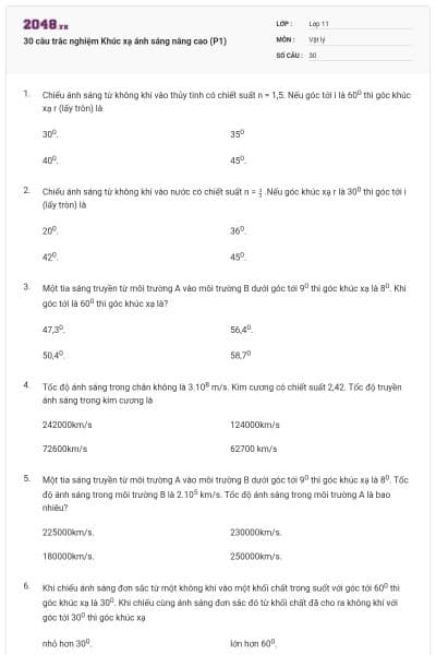 30 câu trắc nghiệm Khúc xạ ánh sáng nâng cao (P1)