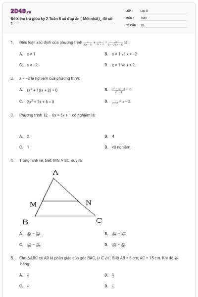 Đề kiểm tra giữa kỳ 2 Toán 8 có đáp án ( Mới nhất)_ đề số 1