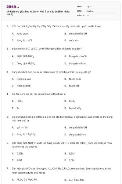 Đề kiểm tra giữa học kì 2 môn Hoá 9 có đáp án (Mới nhất) (Đề 6)