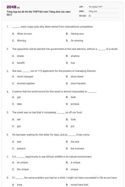Tổng hợp bộ đề thi thử THPTQG môn Tiếng Anh các năm Đề 2