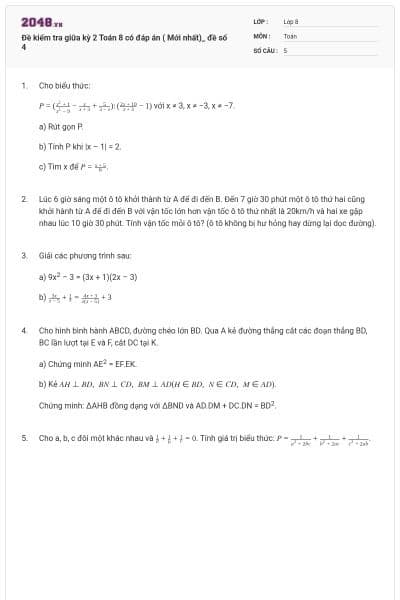 Đề kiểm tra giữa kỳ 2 Toán 8 có đáp án ( Mới nhất)_ đề số 4