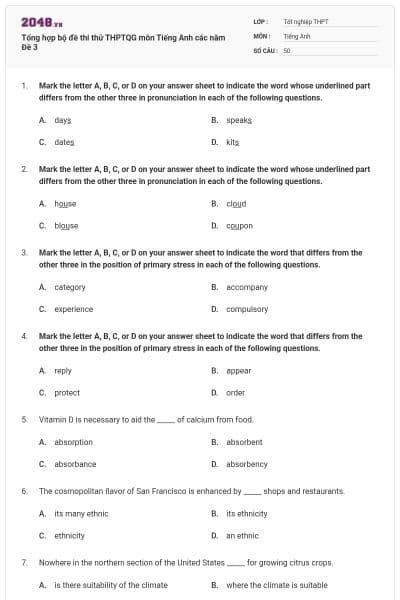 Tổng hợp bộ đề thi thử THPTQG môn Tiếng Anh các năm Đề 3