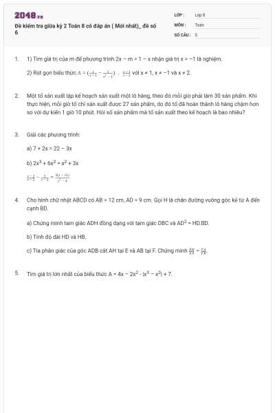 Đề kiểm tra giữa kỳ 2 Toán 8 có đáp án ( Mới nhất)_ đề số 6