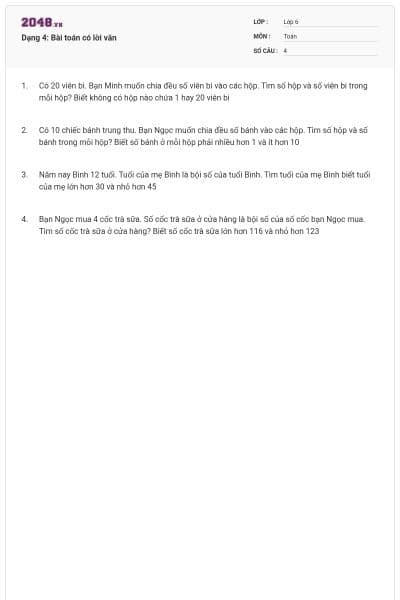 Dạng 4: Bài toán có lời văn