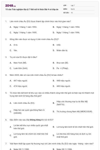 15 câu Trắc nghiệm Địa lý 7 Kết nối tri thức Bài 4 có đáp án