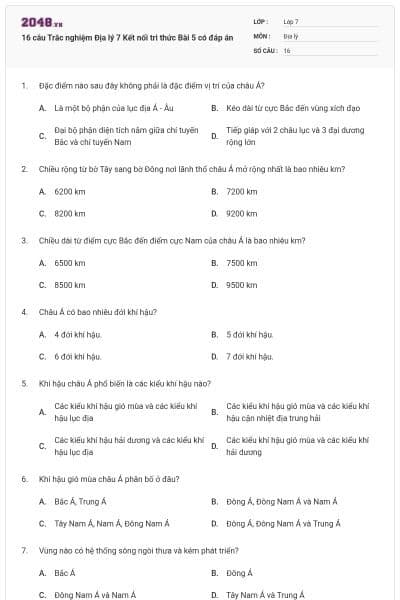 16 câu Trắc nghiệm Địa lý 7 Kết nối tri thức Bài 5 có đáp án