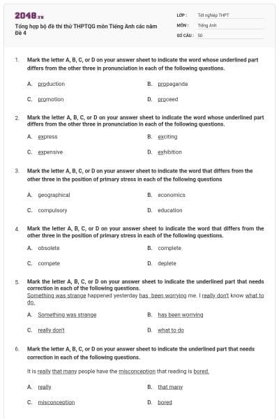 Tổng hợp bộ đề thi thử THPTQG môn Tiếng Anh các năm Đề 4