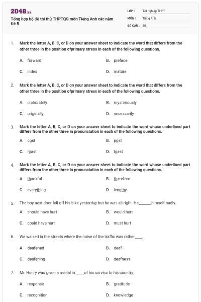 Tổng hợp bộ đề thi thử THPTQG môn Tiếng Anh các năm Đề 5