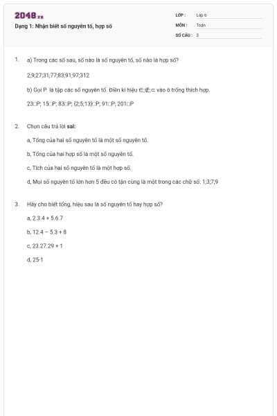 Dạng 1: Nhận biết số nguyên tố, hợp số