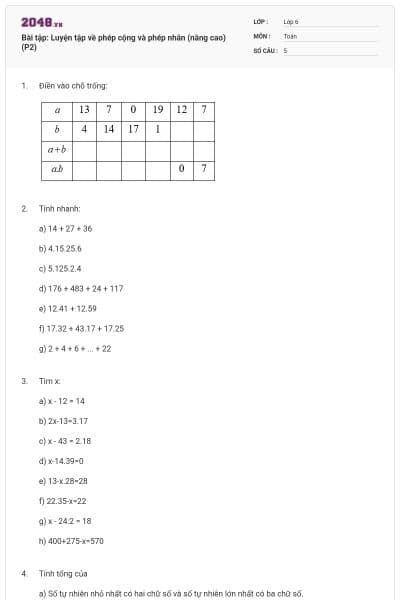 Bài tập: Luyện tập về phép cộng và phép nhân (nâng cao) (P2)