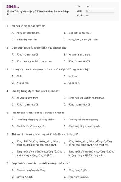 15 câu Trắc nghiệm Địa lý 7 Kết nối tri thức Bài 16 có đáp án