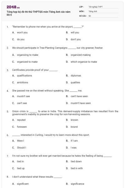 Tổng hợp bộ đề thi thử THPTQG môn Tiếng Anh các năm Đề 6