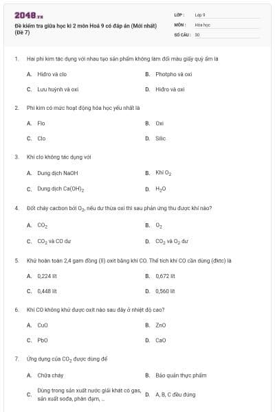 Đề kiểm tra giữa học kì 2 môn Hoá 9 có đáp án (Mới nhất) (Đề 7)