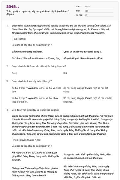 Trắc nghiệm Luyện tập xây dựng và trình bày luận điểm có đáp án