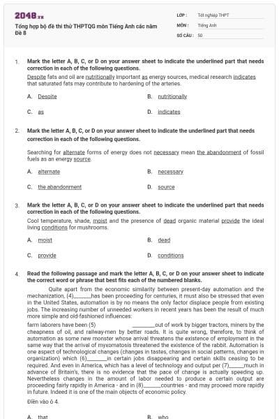 Tổng hợp bộ đề thi thử THPTQG môn Tiếng Anh các năm Đề 8