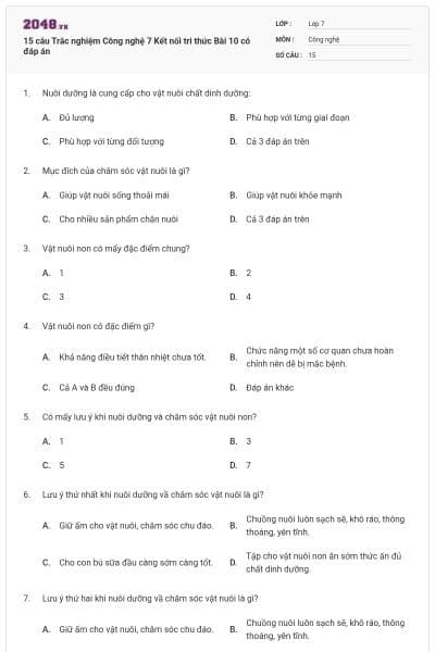 15 câu Trắc nghiệm Công nghệ 7 Kết nối tri thức Bài 10 có đáp án