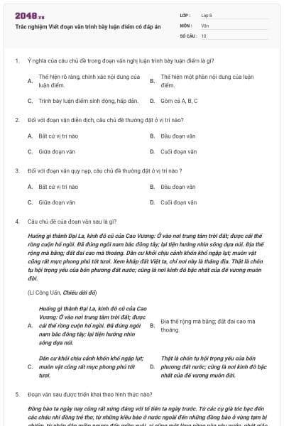 Trắc nghiệm Viết đoạn văn trình bày luận điểm có đáp án