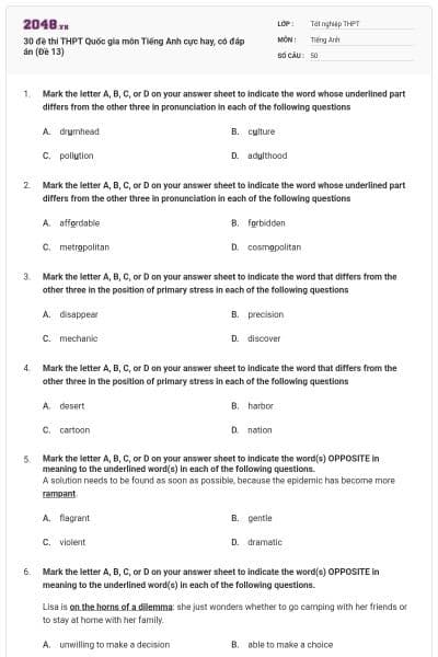 30 đề thi THPT Quốc gia môn Tiếng Anh cực hay, có đáp án (Đề 13)
