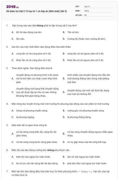 Đề kiểm tra Vật lí 12 học kì 1 có đáp án (Mới nhất) (Đề 5)