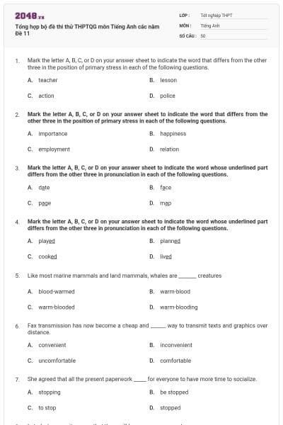 Tổng hợp bộ đề thi thử THPTQG môn Tiếng Anh các năm Đề 11