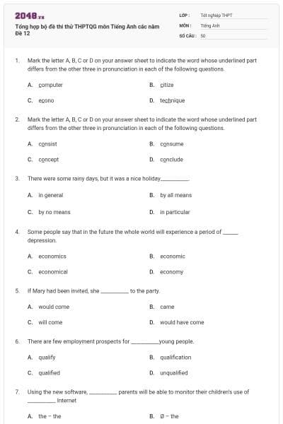 Tổng hợp bộ đề thi thử THPTQG môn Tiếng Anh các năm Đề 12